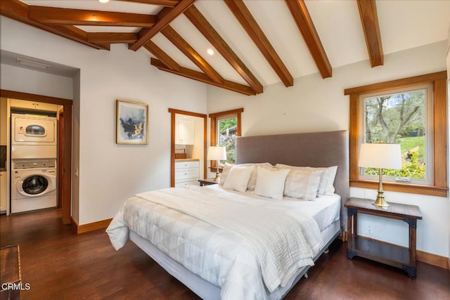 bedroom with stacked washing machine and dryer, baseboards, dark wood-type flooring, and recessed lighting
