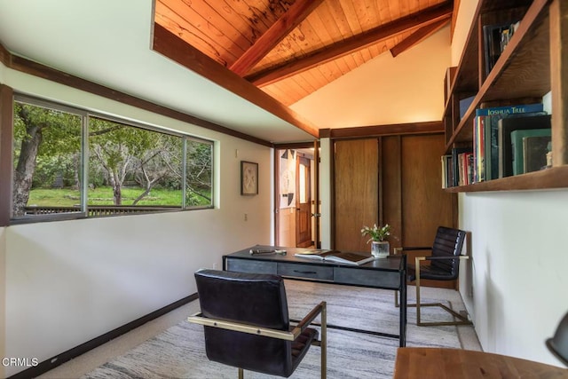home office featuring wood ceiling, carpet floors, and baseboards