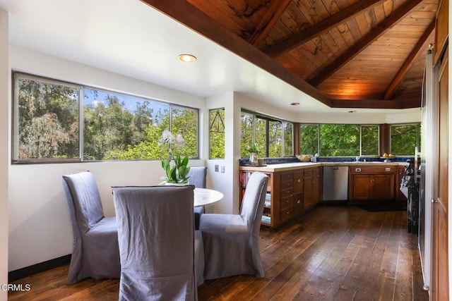 dining area with beamed ceiling, wooden ceiling, and dark wood-type flooring