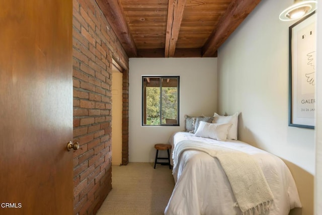 bedroom featuring wood ceiling, brick wall, beamed ceiling, and carpet