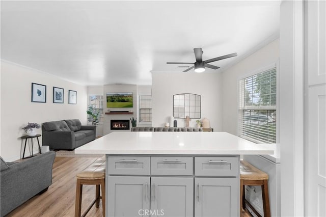 5927 Mckinley Ave, South Gate, CA 90280 - kitchen with open floor plan, a breakfast bar, light countertops, a lit fireplace, and a ceiling fan