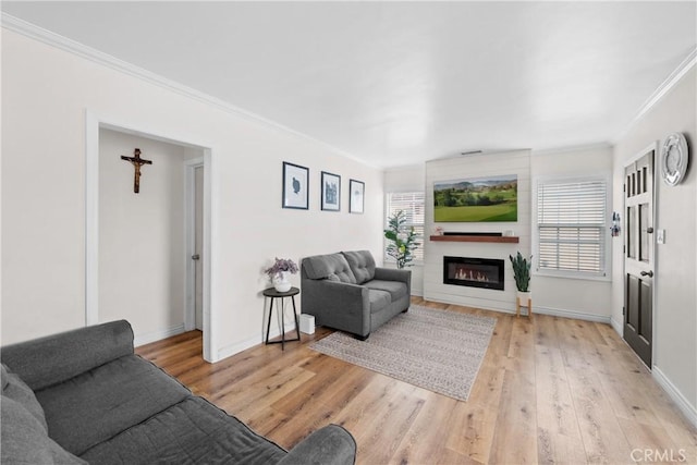 5927 Mckinley Ave, South Gate, CA 90280 - living area with ornamental molding, light wood-type flooring, a glass covered fireplace, and baseboards