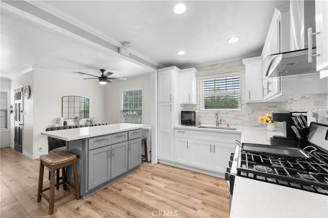 5927 Mckinley Ave, South Gate, CA 90280 - kitchen with a sink, stainless steel gas stove, wall chimney exhaust hood, crown molding, and gray cabinetry