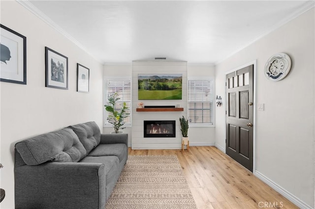 5927 Mckinley Ave, South Gate, CA 90280 - living area with light wood finished floors, ornamental molding, a glass covered fireplace, and baseboards