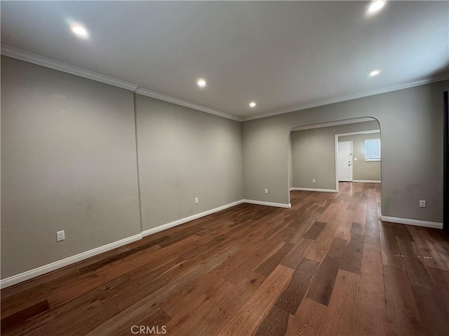 1828A New Ave, San Gabriel, CA 91776 - empty room with arched walkways, ornamental molding, dark wood-style flooring, baseboards, and recessed lighting