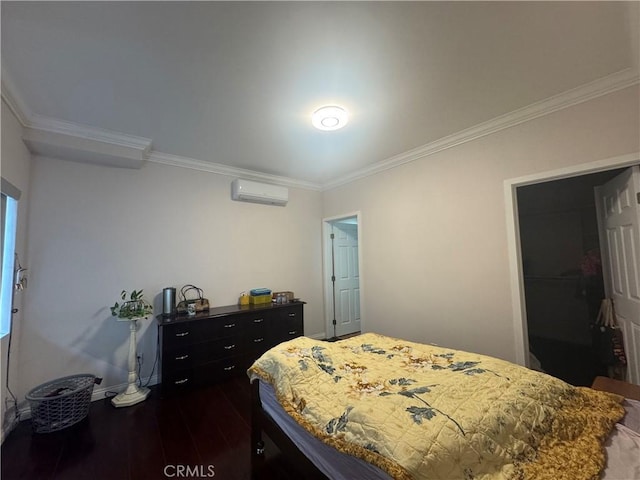 1828A New Ave, San Gabriel, CA 91776 - bedroom with a wall mounted air conditioner, ornamental molding, dark wood-type flooring, and baseboards