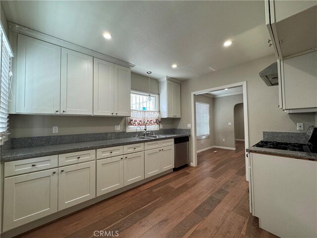 1828A New Ave, San Gabriel, CA 91776 - kitchen with stainless steel dishwasher, arched walkways, dark wood finished floors, baseboards, and recessed lighting