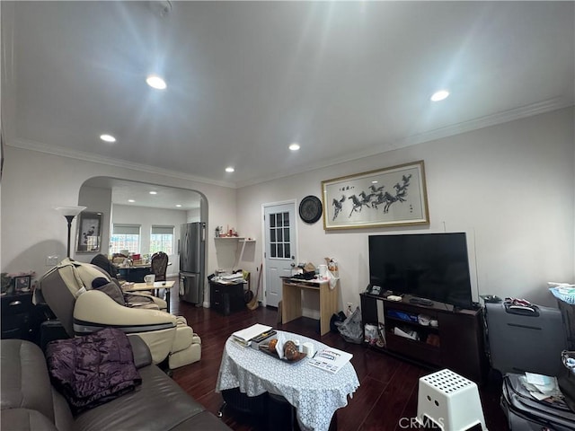 1828A New Ave, San Gabriel, CA 91776 - living area featuring arched walkways, wood finished floors, recessed lighting, and crown molding