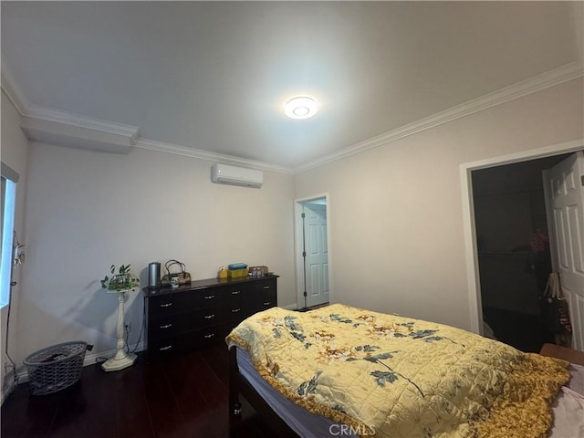 1828 New Ave, San Gabriel, CA 91776 - bedroom with a wall mounted air conditioner, ornamental molding, dark wood-type flooring, and baseboards