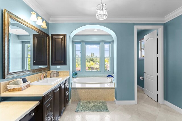 15020 Applewood Ct, San Diego, CA 92131 - full bath with vanity, a bath, healthy amount of natural light, crown molding, and tile patterned floors