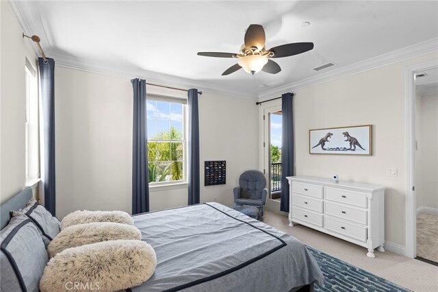 15020 Applewood Ct, San Diego, CA 92131 - bedroom with carpet floors, access to exterior, crown molding, baseboards, and ceiling fan