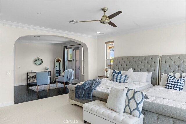 15020 Applewood Ct, San Diego, CA 92131 - bedroom featuring arched walkways, ornamental molding, baseboards, a ceiling fan, and wood finished floors