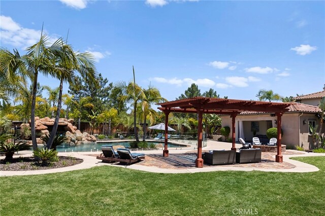 15020 Applewood Ct, San Diego, CA 92131 - view of grassy yard with a pergola, an outdoor pool, a patio, and an outdoor hangout area