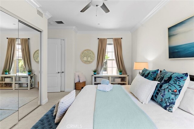 15020 Applewood Ct, San Diego, CA 92131 - carpeted bedroom featuring ornamental molding, a ceiling fan, and baseboards