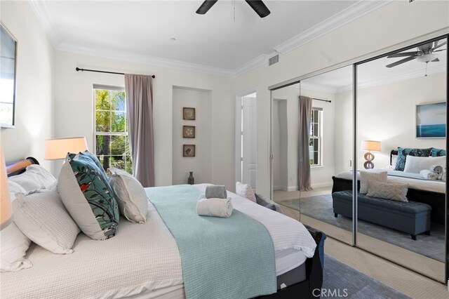 15020 Applewood Ct, San Diego, CA 92131 - bedroom with ornamental molding, a closet, carpet floors, and ceiling fan