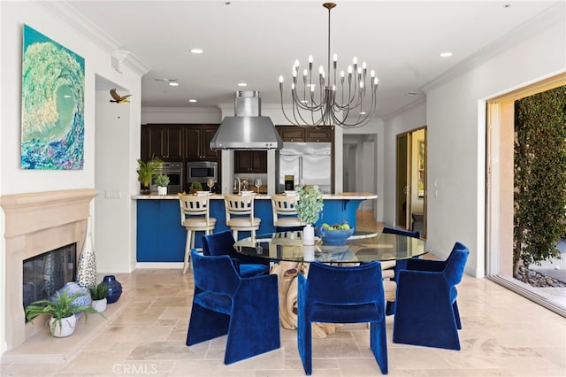 15020 Applewood Ct, San Diego, CA 92131 - dining area featuring ornamental molding, recessed lighting, a chandelier, and a premium fireplace