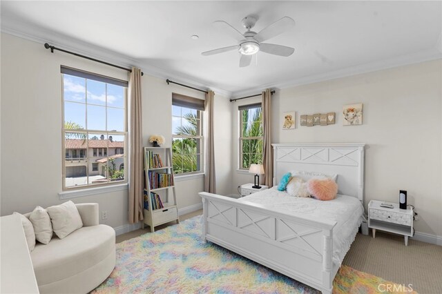 15020 Applewood Ct, San Diego, CA 92131 - carpeted bedroom with baseboards, ornamental molding, and a ceiling fan