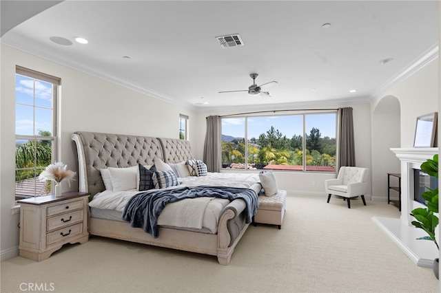 15020 Applewood Ct, San Diego, CA 92131 - bedroom with multiple windows, baseboards, light carpet, ornamental molding, and recessed lighting