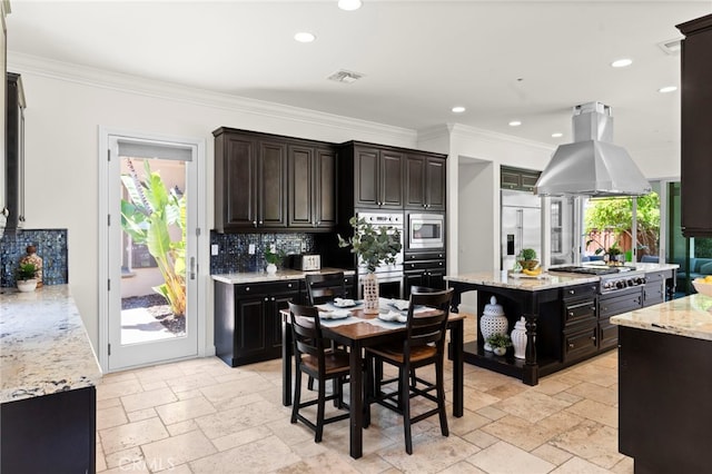 15020 Applewood Ct, San Diego, CA 92131 - kitchen featuring built in appliances, island range hood, decorative backsplash, recessed lighting, and stone tile flooring