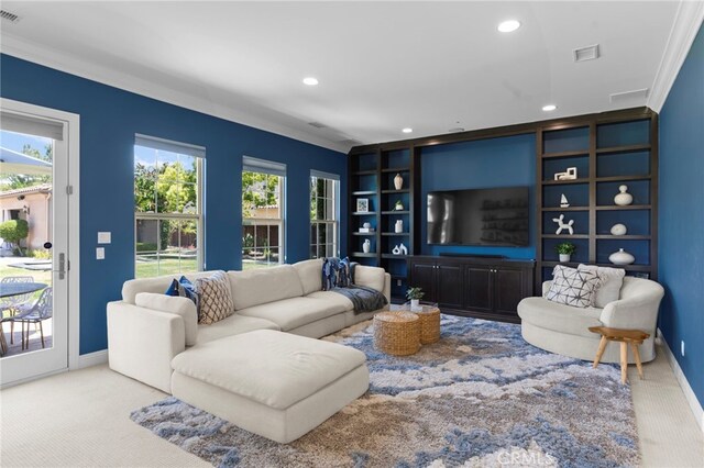 15020 Applewood Ct, San Diego, CA 92131 - carpeted living area with ornamental molding, baseboards, and recessed lighting