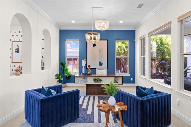15020 Applewood Ct, San Diego, CA 92131 - carpeted living area featuring ornamental molding, a chandelier, baseboards, arched walkways, and recessed lighting