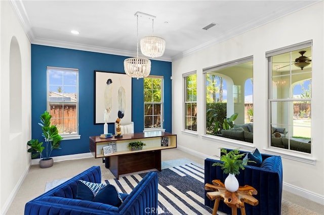 15020 Applewood Ct, San Diego, CA 92131 - office area with plenty of natural light, baseboards, ornamental molding, and a chandelier