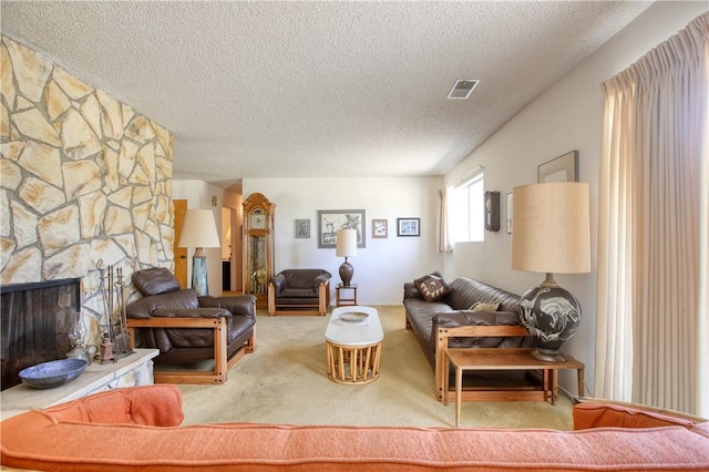 2661 Southview Ave, Arroyo Grande, CA 93420 - carpeted living room with a textured ceiling and a fireplace