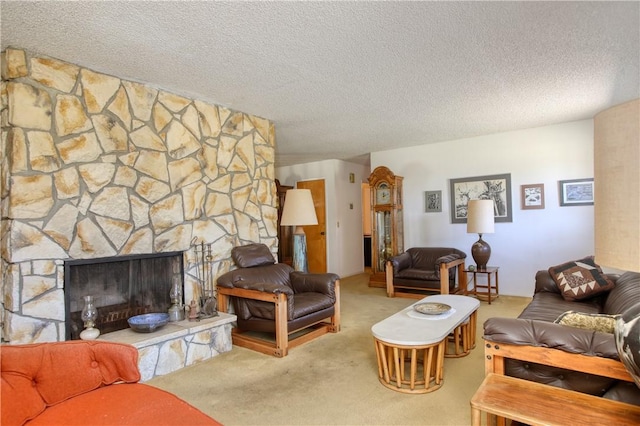 2661 Southview Ave, Arroyo Grande, CA 93420 - carpeted living room featuring a stone fireplace and a textured ceiling
