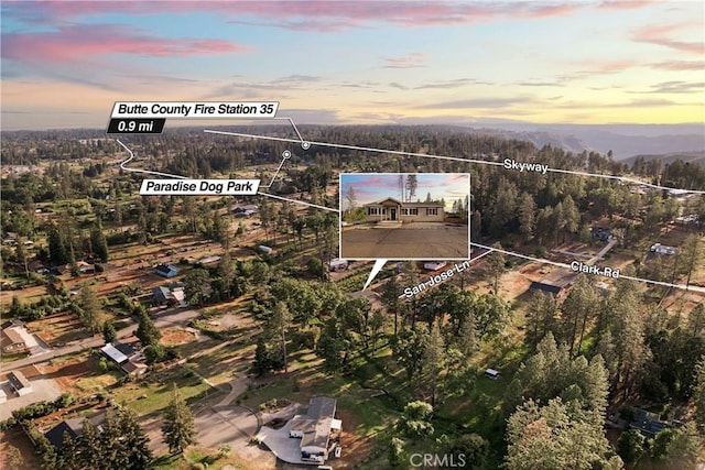 1612 San Jose Ln, Paradise, CA 95969 - aerial view at dusk of property boundaries highlighted and a view of trees