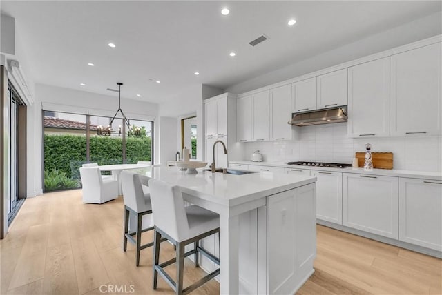 107 Plum Lily, Irvine, CA 92618 - kitchen featuring a sink, under cabinet range hood, light countertops, light wood finished floors, and recessed lighting