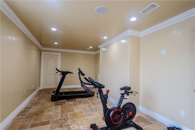 23180 Gray Fox Dr, Canyon Lake, CA 92587 - workout area with stone tile floors, ornamental molding, recessed lighting, and baseboards