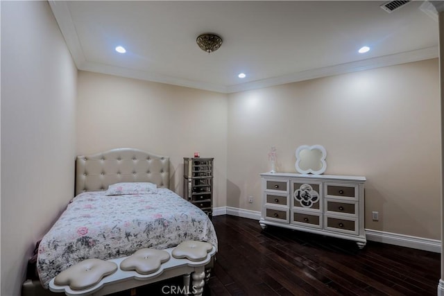 23180 Gray Fox Dr, Canyon Lake, CA 92587 - bedroom with dark wood-type flooring, baseboards, crown molding, and recessed lighting