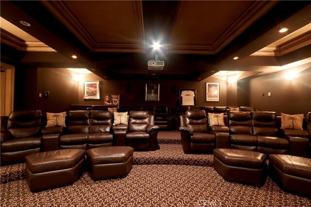 23180 Gray Fox Dr, Canyon Lake, CA 92587 - home theater featuring carpet floors, ornamental molding, recessed lighting, and coffered ceiling