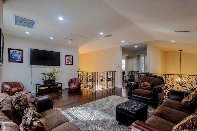 23180 Gray Fox Dr, Canyon Lake, CA 92587 - living room with lofted ceiling, wood finished floors, baseboards, a chandelier, and recessed lighting