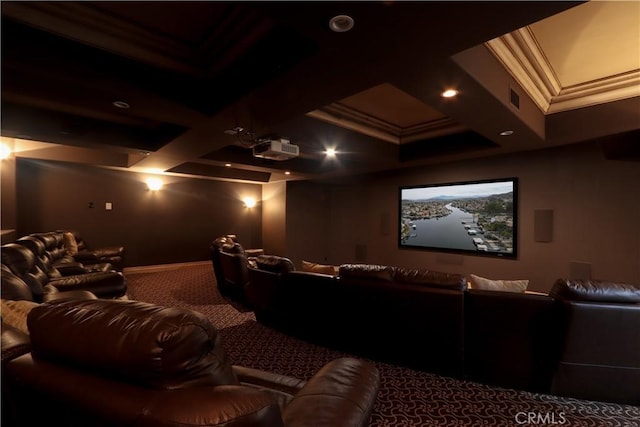 23180 Gray Fox Dr, Canyon Lake, CA 92587 - cinema room featuring coffered ceiling, carpet, crown molding, baseboards, and beamed ceiling