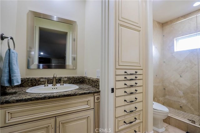 23180 Gray Fox Dr, Canyon Lake, CA 92587 - bathroom with a shower stall, toilet, vanity, and tile patterned flooring