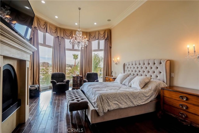 23180 Gray Fox Dr, Canyon Lake, CA 92587 - bedroom featuring a chandelier, ornamental molding, dark wood-style floors, and recessed lighting