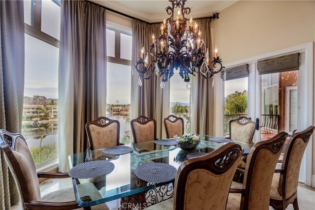 23180 Gray Fox Dr, Canyon Lake, CA 92587 - dining room featuring a chandelier, healthy amount of natural light, and crown molding
