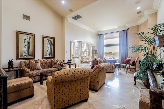 23180 Gray Fox Dr, Canyon Lake, CA 92587 - living room with a towering ceiling, arched walkways, ornamental molding, and recessed lighting
