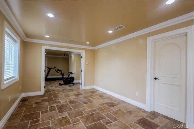 23180 Gray Fox Dr, Canyon Lake, CA 92587 - workout room featuring stone tile floors, baseboards, crown molding, and recessed lighting