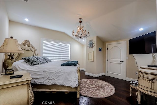 23180 Gray Fox Dr, Canyon Lake, CA 92587 - bedroom featuring lofted ceiling, baseboards, a chandelier, wood finished floors, and recessed lighting