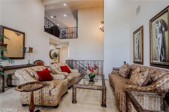 23180 Gray Fox Dr, Canyon Lake, CA 92587 - tiled living area featuring a high ceiling, recessed lighting, and arched walkways