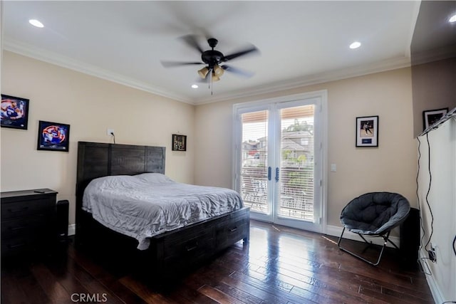 23180 Gray Fox Dr, Canyon Lake, CA 92587 - bedroom with access to outside, wood-type flooring, baseboards, recessed lighting, and crown molding