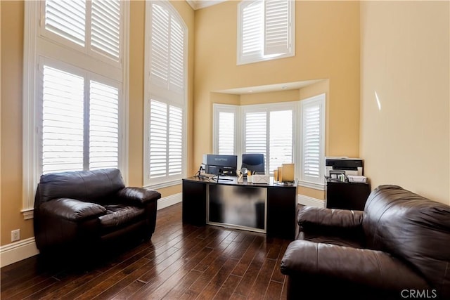 23180 Gray Fox Dr, Canyon Lake, CA 92587 - office with dark wood-type flooring, baseboards, and a high ceiling
