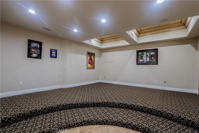 23180 Gray Fox Dr, Canyon Lake, CA 92587 - below grade area featuring carpet floors, recessed lighting, baseboards, and crown molding
