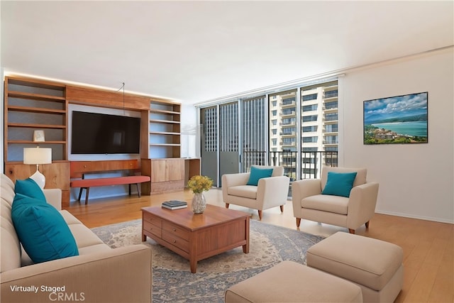 living room featuring wood finished floors and baseboards