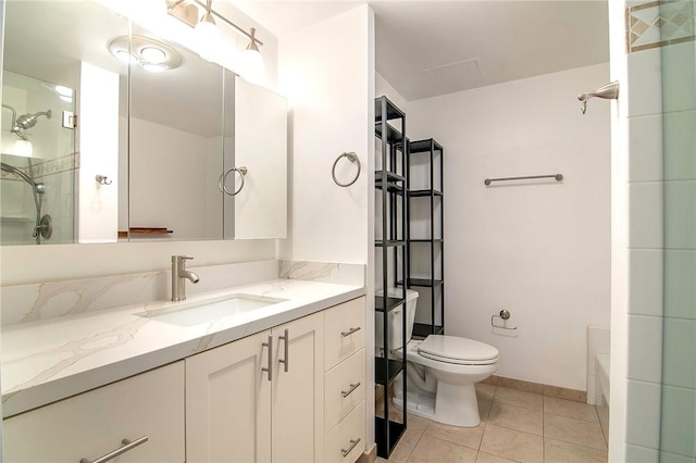 full bathroom featuring a shower, vanity, toilet, tile patterned flooring, and a tub to relax in