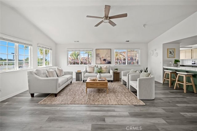 289 Irish Way, Pismo Beach, CA 93449 - living room with lofted ceiling, baseboards, ceiling fan, and wood finished floors