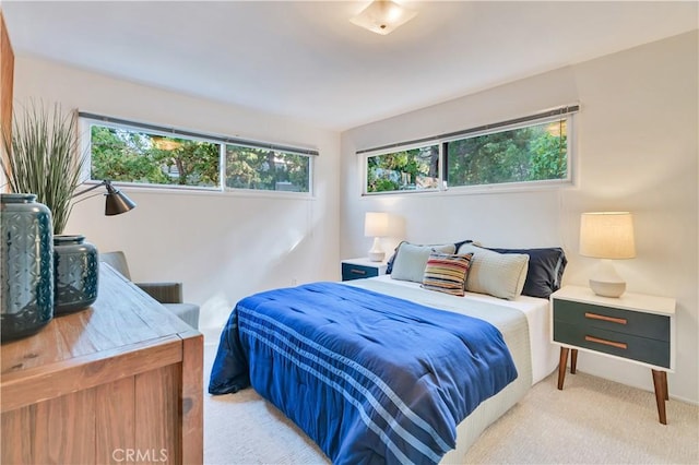 bedroom with multiple windows and light carpet