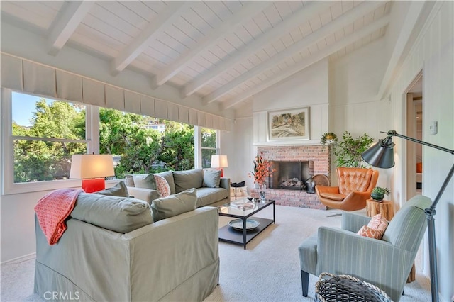 living area featuring carpet flooring and a brick fireplace